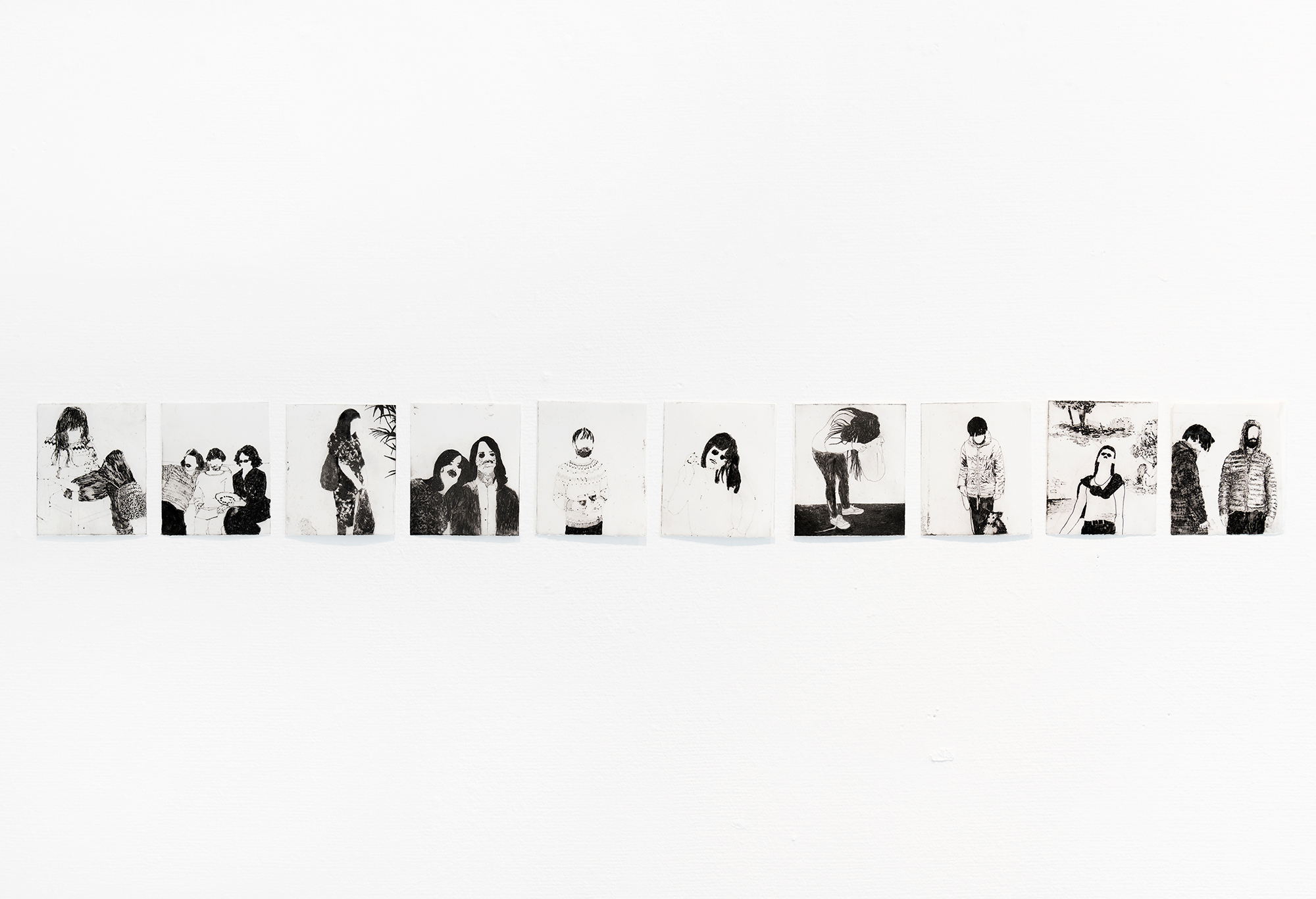 En serie små grafiske arbeider. Mennesker i sort-hvitt