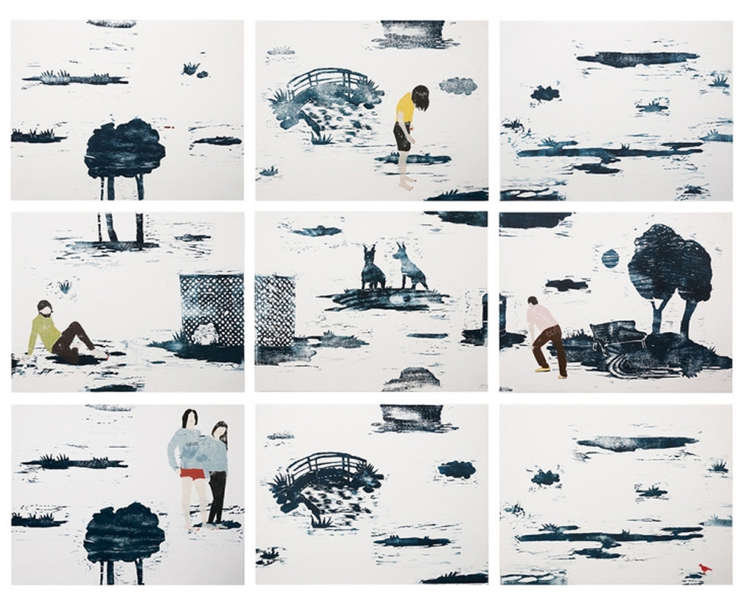 Tresnitt i blått. Natur og mennesker