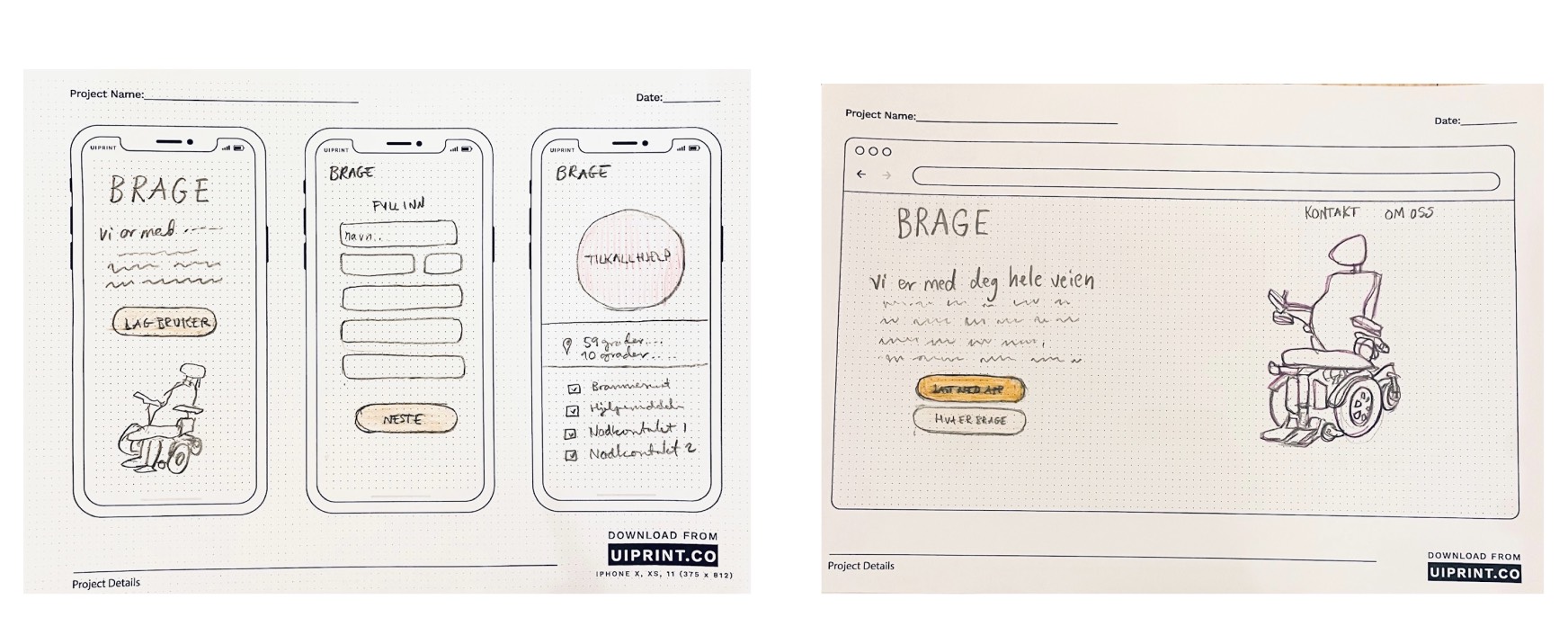 Lofi prototype av appen Brage